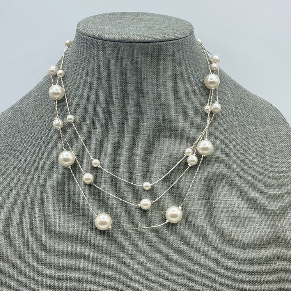 RMN Silver Tone 3 Strand Faux Pearl Floating Station Necklace Classy Chic Formal